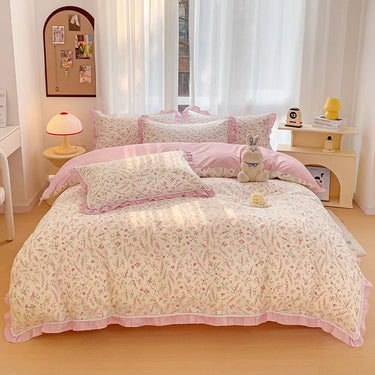 Korean Vintage Pastoral Print Floral Ruffles 100% Cotton Bedding Set